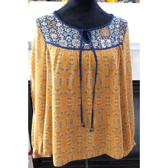 Rewind Peasant Blouse Long Sleeves Tie Neck  Mustard yellow M  EUC - Picture 1 of 9